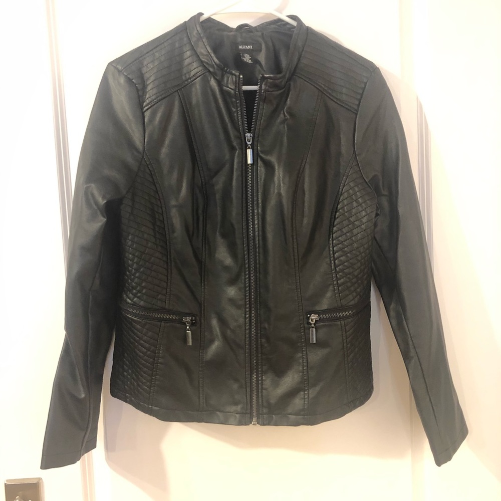 Alfani faux leather black jacket from Macy’s.
